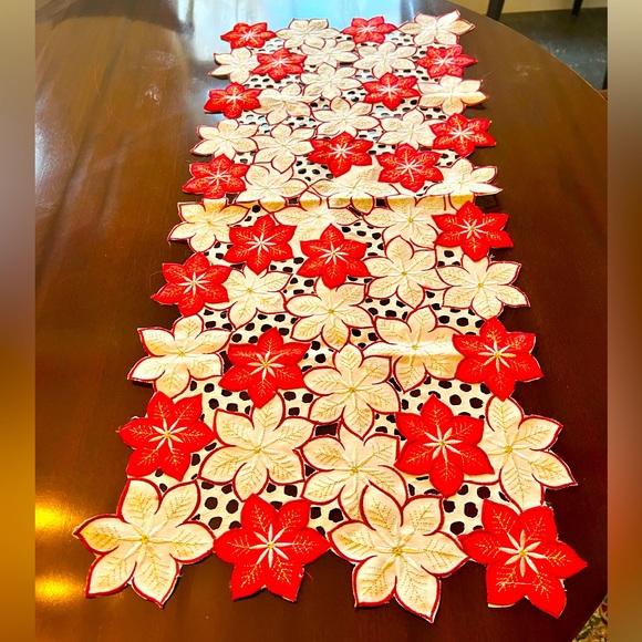 Small holiday table runner.  Off white, red poinsettias with gold stitching. - Picture 1 of 3